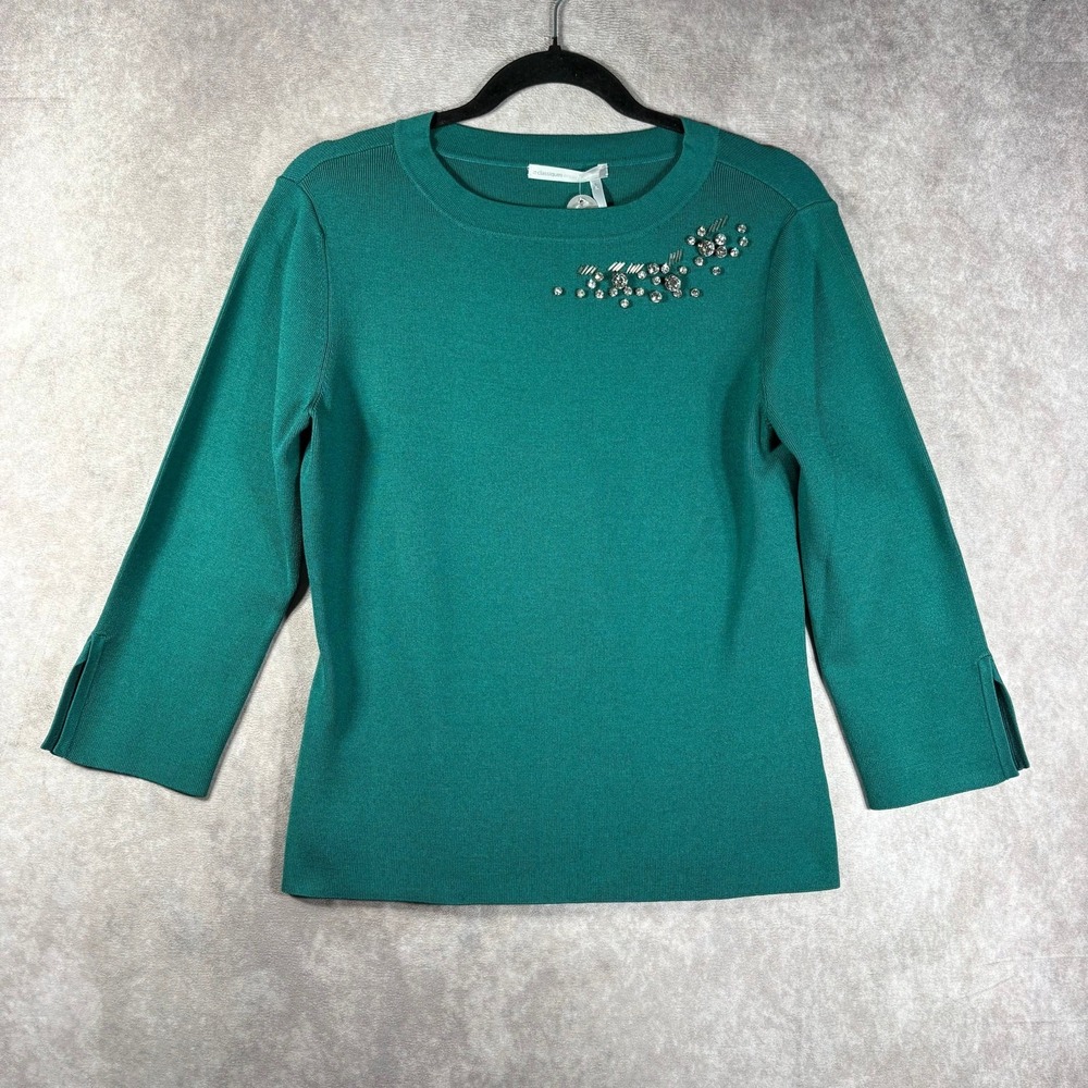 Classiques Entier Silk Blend Sweater Womens L Green Knit Embellished 3/4 Sleeve